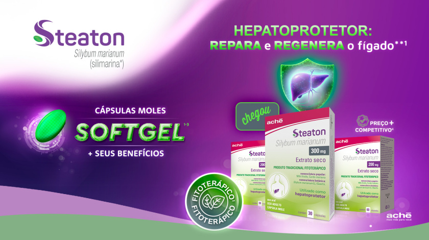 Banner do fitoterápico Steaton com Silybum marianum (silimarina). Destaca que o produto é um hepatoprotetor potente que repara e regenera o fígado. Apresenta a tecnologia exclusiva de cápsulas moles (Softgel) para melhor ingestão e exibe as embalagens de 200mg e 300mg da Aché.