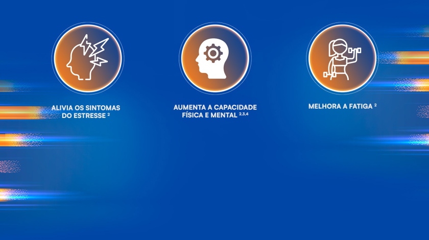 imagem com ícones ilustrando estresse, mental e melhora da fadiga.