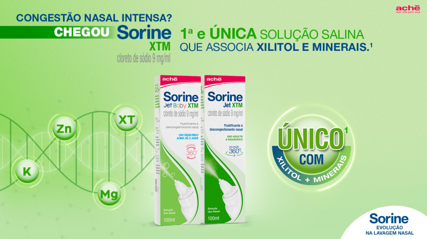 Congestão nasal intensa? Chegou Sorine XTM, primeira e única solução salina que associa xilitol e minerais. imagem com produtos Sorine XTM