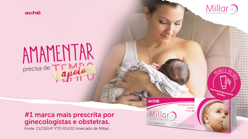 imagem de uma mãe amamentando e ao lado embalagem do produto Millar.