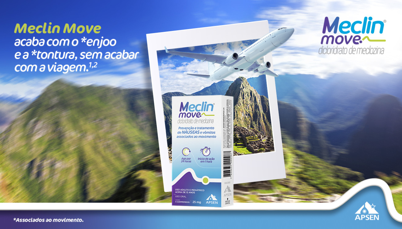 imagem do produto MECLIN MOVE juntamente com uma paisagem distorcida simulando um enjoo ou ansia em fazer viagens de avião