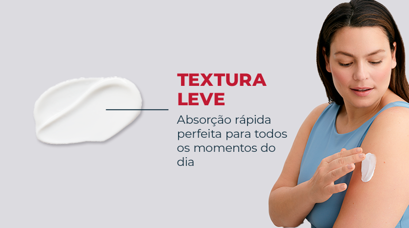 Fundo neutro. Ao lado direito, uma mulher aplica levemente o creme no braço, mostrando sua textura.