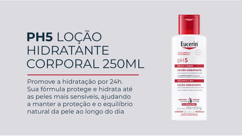 Imagem com fundo neutro. Ao lado direito, uma embalagem branca e vermelha