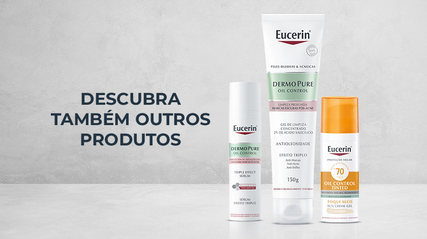 Sugestão de outros produtos da marca em conjunto com Eucerin Sun Oil Control Tinted Claro FPS 70, com diferentes embalagens expostas sobre um fundo neutro. Os produtos são: Dermo Pure Oil Control Sérum Efeito Triplo e Dermo Pure OIl Control Gel de Limpeza Concentrado.