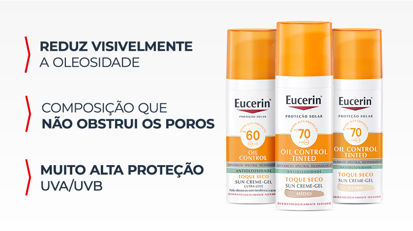 Três frascos de protetor solar com tampas laranja dispostos lado a lado sobre fundo claro, com destaque para embalagens de diferentes versões do produto e indicação de proteção solar, ao lado de elementos gráficos em formato de setas.