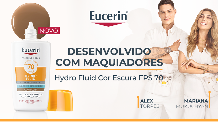 Frasco do Eucerin Hydro Fluid Cor Escura FPS 70 está ao lado esquerdo, ao lado direito estão dois maquiadores sorrindo em pé. O fundo é claro, com detalhes em laranja.