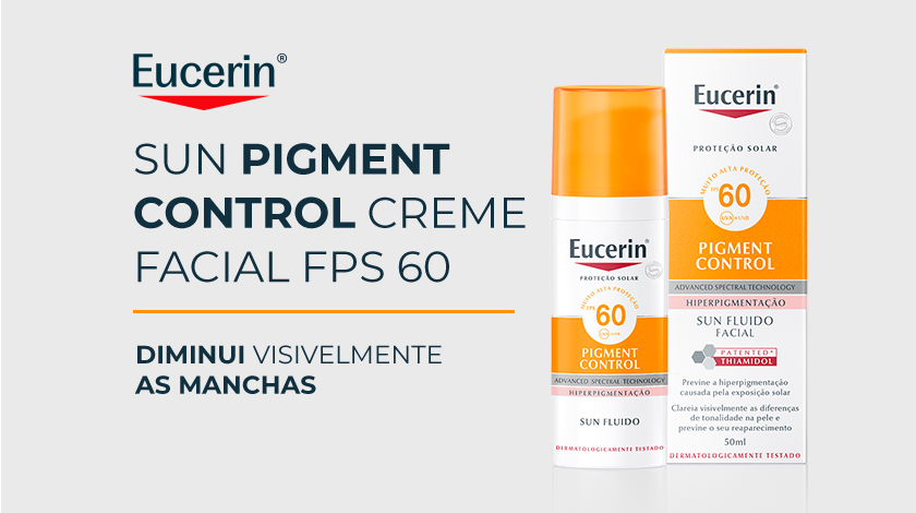 A embalagem do produto Eucerin Sun Pigment Control Creme Facial FPS 60 aparece sobre um fundo branco.