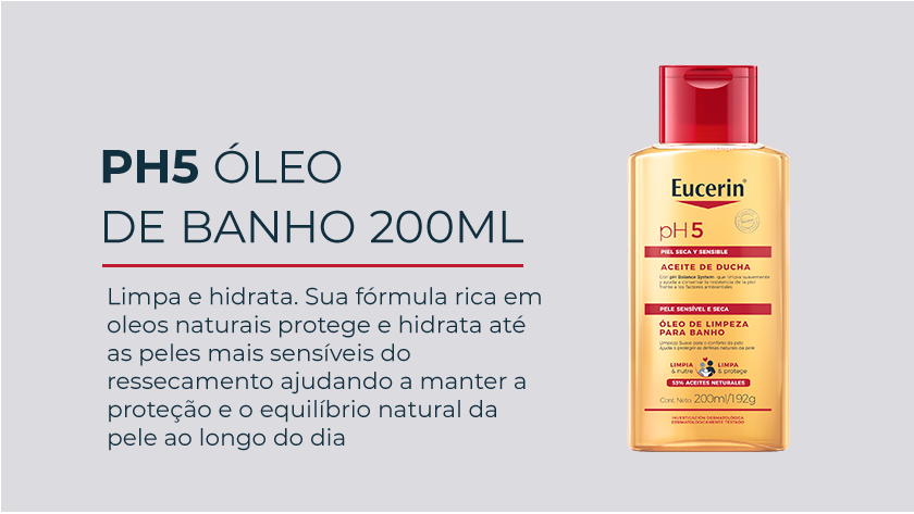 Imagem com fundo neutro. Ao lado direito, uma embalagem com líquida dourado e tampa vermelha aparece em destaque.