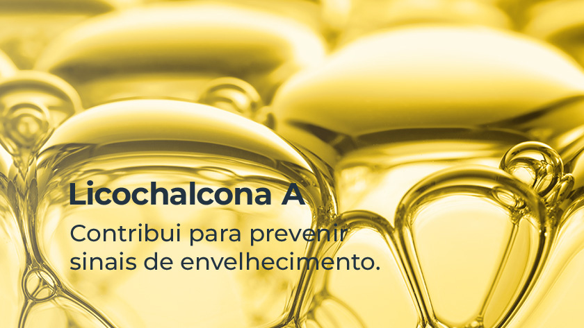 Representação da Licochalcona A, com fórmula líquida dourada.