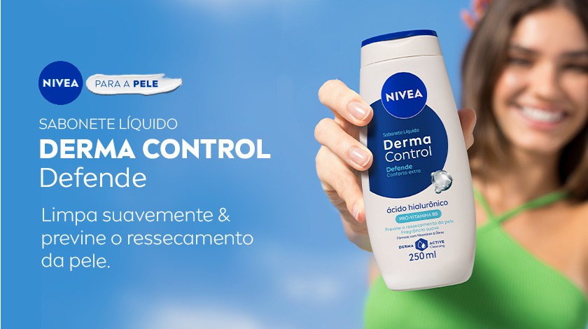 Fundo azul claro com nuvens suaves. À direita, mulher sorridente segura o sabonete líquido NIVEA Derma Control Defende, com embalagem branca e tampa azul. O logo NIVEA aparece no canto superior esquerdo.