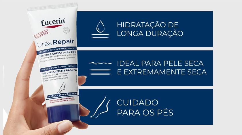 Mão segurando o produto Eucerin Urea Repair Plus Creme para Pés. Ao lado, três ícones com os benefícios.
