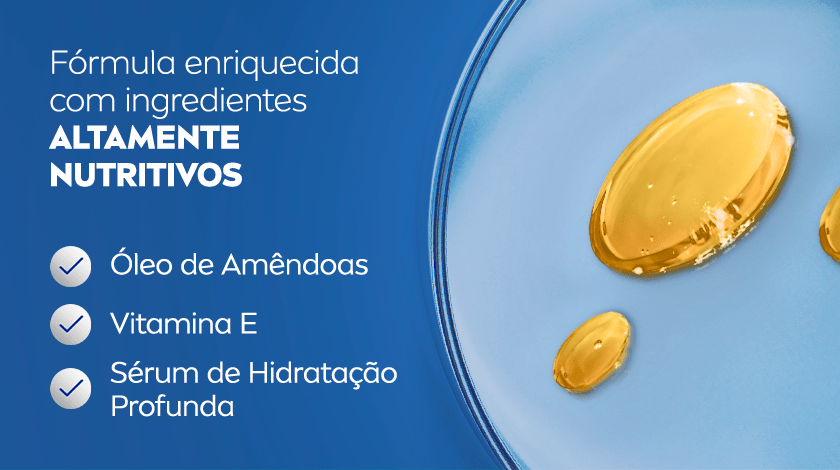 A imagem apresenta uma ilustração da fórmula nutritiva do produto. Ao lado direito, gotas de óleo ficam em destaque em um fundo azul claro. Ao lado esquerdo, o texto é apresentado em um fundo azul escuro.