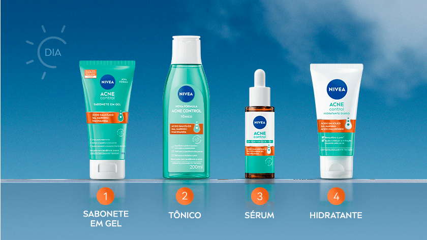 1 - Sabonete em Gel | 2 - Tônico | 3 - Sérum | 4 - Hidratante Banner da linha de cuidados faciais NIVEA Acne Control para uso durante o dia. Mostra quatro produtos dispostos em sequência sobre um fundo azul com céu: sabonete em gel, tônico facial, sérum com conta-gotas e hidratante facial. Acima de cada produto, há numeração indicando a ordem de uso na rotina de cuidados com a pele acneica.