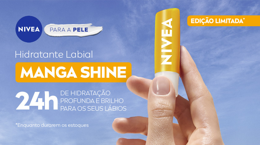 Mão segurando o hidratante labial NIVEA Shine Manga em destaque com fundo azul de céu. Na parte superior, o logo de NIVEA é apresentado ao lado de uma textura de creme com o texto em destaque: para a pele.