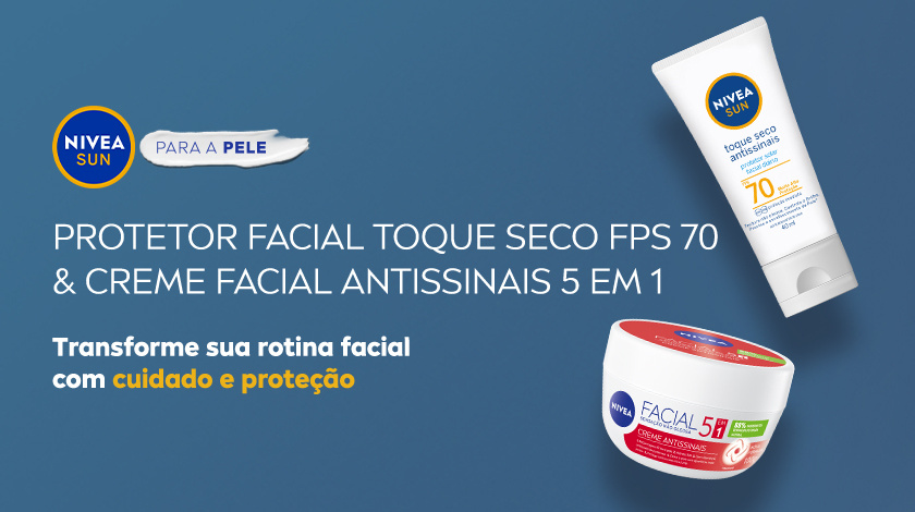 Banner com fundo azul. Ao lado direito, estão em destaque o Protetor Facial Toque Seco e o Creme Facial Antissinais. No canto superior esquerdo, o logo de NIVEA SUN para a pele aparece.