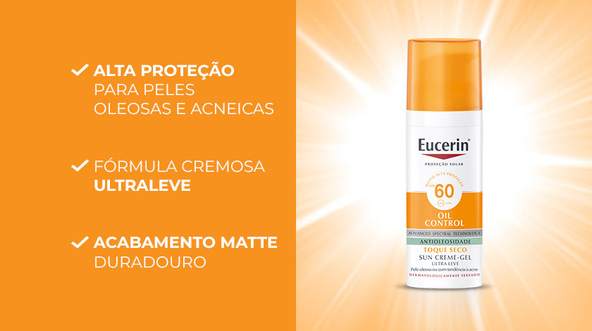O frasco de Eucerin Sun Oil Control Creme Facial FPS 60 está centralizado sobre um fundo laranja vibrante, com ícones representando seus benefícios.