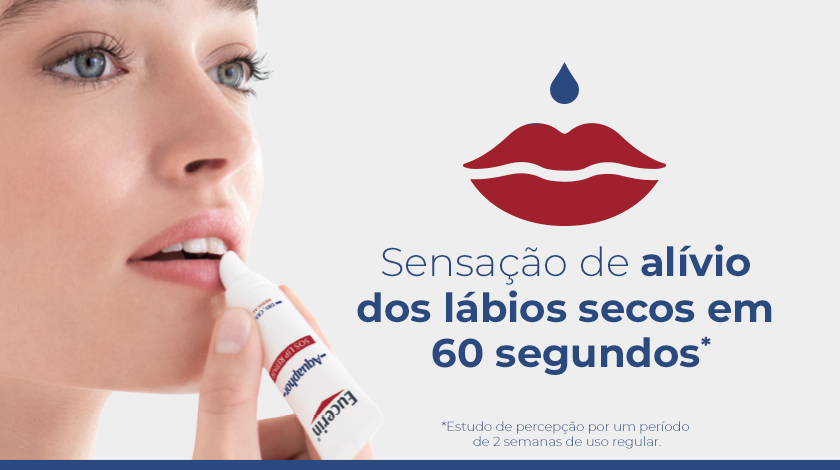 Fundo claro. À esquerda, mulher de olhos azuis aplica o produto Eucerin Aquaphor nos lábios. À direita, ícone de gota azul sobre lábios vermelhos estilizados. Texto central: 