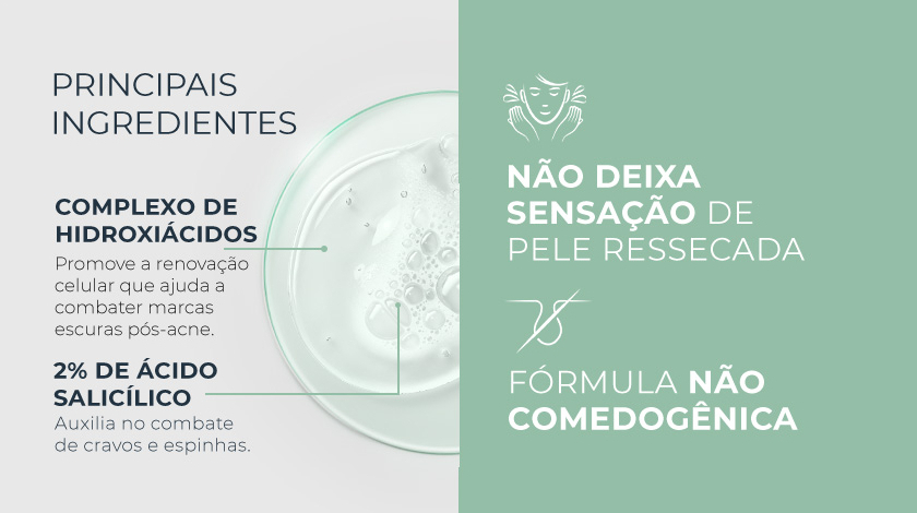 O fundo é verde-claro. No lado esquerdo, o título aparece sobre uma imagem de um líquido transparente em uma placa. No lado direito, há dois ícones de características do produto.