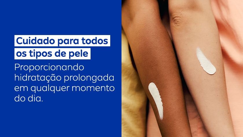 Duas pessoas de mãos dadas com creme aplicado nos braços, ilustrando o uso universal do NIVEA Creme para diferentes tipos de pele.