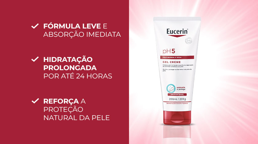 Bisnaga do produto ao centro com fundo luminoso vermelho, ao lado de três benefícios.