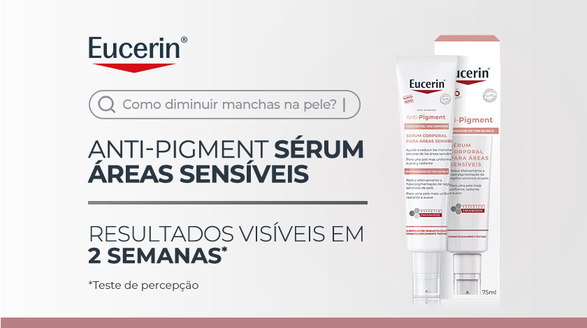 Imagem de produto Eucerin Anti-Pigment Sérum Corporal para Áreas Sensíveis. À esquerda, há um layout gráfico com ícone de barra de pesquisa e elementos tipográficos em destaque.