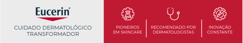 Logo da Eucerin sobre fundo vermelho, reforçando o conceito de cuidado dermatológico da marca.