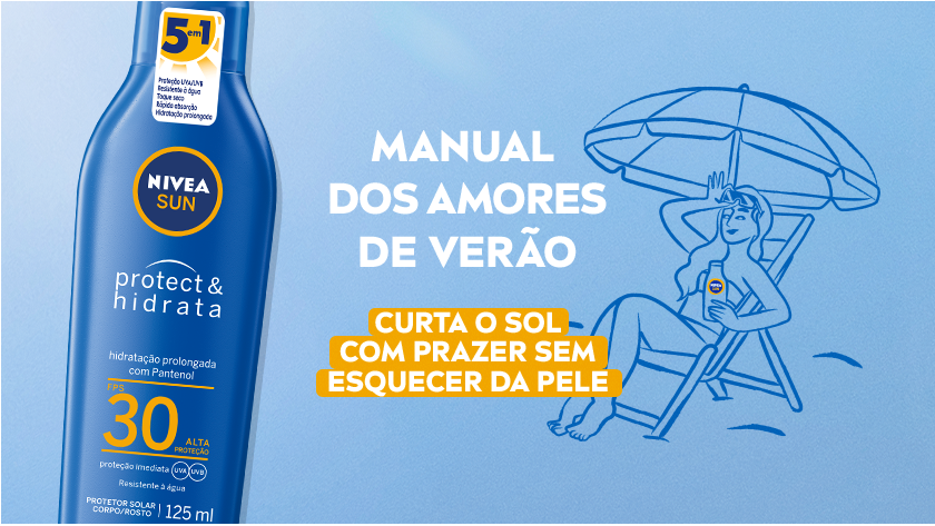 MANUAL DOS AMORES DE VERÃO CURTA O SOL COM PRAZER SEM ESQUECER DA PELE Ilustração em azul de uma pessoa relaxando sob um guarda-sol na praia. Ao lado, frasco do protetor solar NIVEA Sun Protect & Hidrata FPS 50. Fundo azul com mensagem sobre aproveitar o verão sem esquecer da proteção da pele.