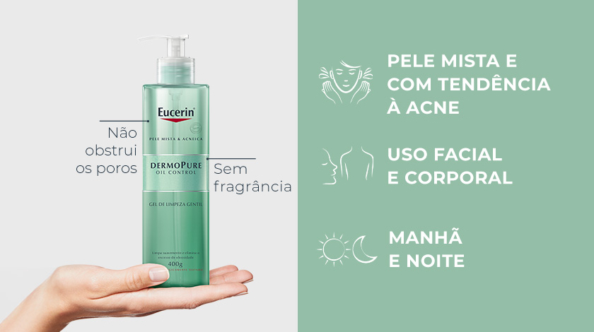 O fundo é verde-claro. No lado esquerdo, uma mão segura a garrafa do produto, com rótulo verde e branco. No lado direito, três ícones representam as indicações de uso.