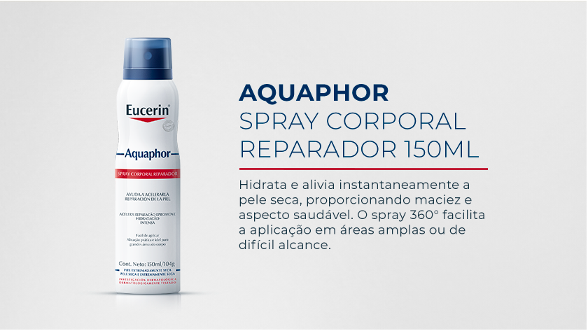 Imagem com fundo neutro. Ao lado esquerdo é destacada a embalagem em Spray de Aquaphor.