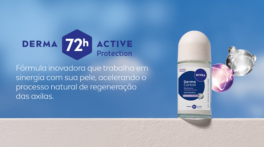 Fundo azul com nuvens suaves. Ao centro, desodorante roll-on NIVEA Derma Control Restaura em pé, ao lado de uma molécula translúcida e roxa estilizada. Acima, selo hexagonal com “Derma 72h Active Protection”.