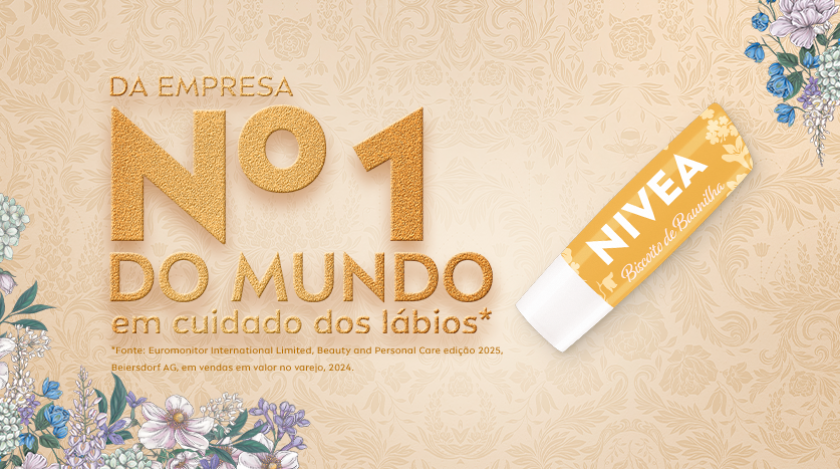 Selo em destaque com fundo elegante em tons claros e dourados, reforçando liderança global da marca no cuidado labial.
