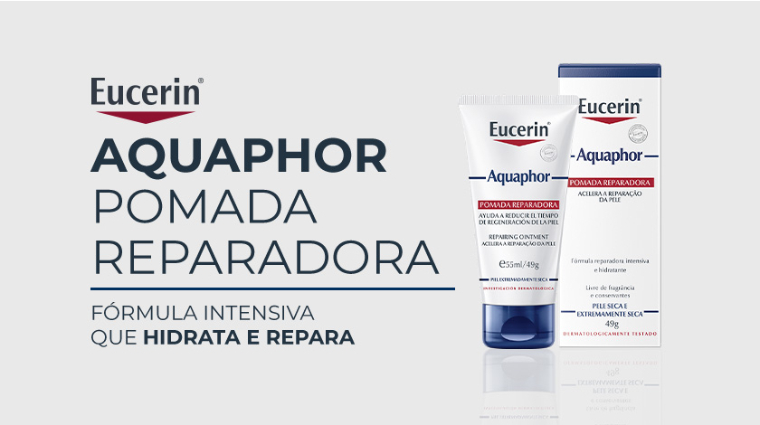 Imagem da embalagem da Pomada Reparadora Eucerin Aquaphor sobre fundo branco. O logo da marca aparece no canto superior esquerdo.