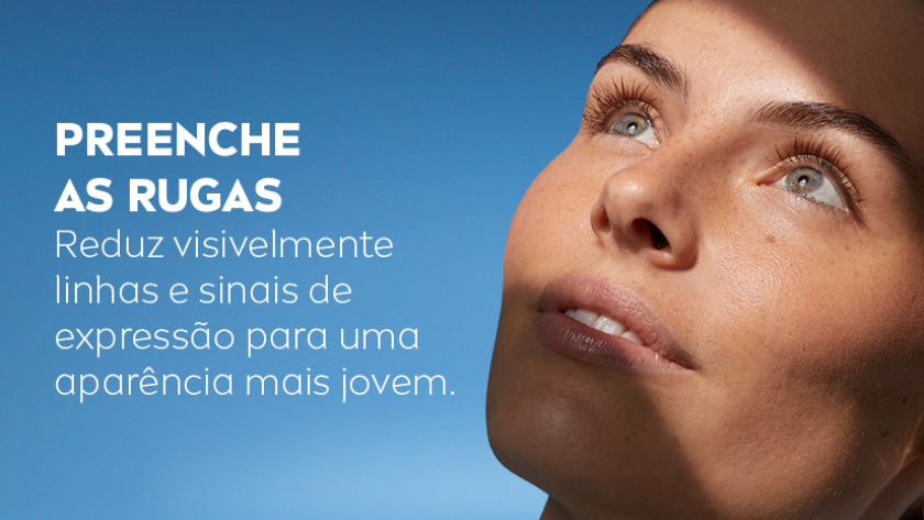 Mulher com pele hidratada olhando para cima, com texto sobre textura leve e rápida absorção do produto.