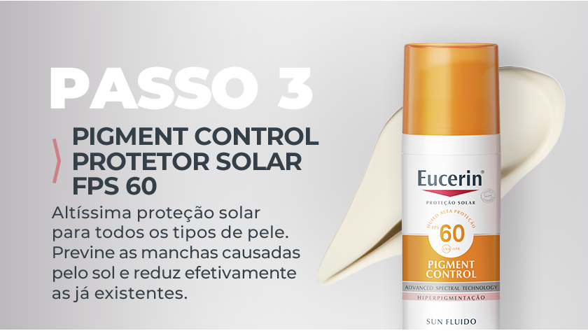 Imagem com fundo neutro e claro. Ao lado direito, a embalagem de Pigment Control é apresentada, com uma textura cremosa ao fundo.