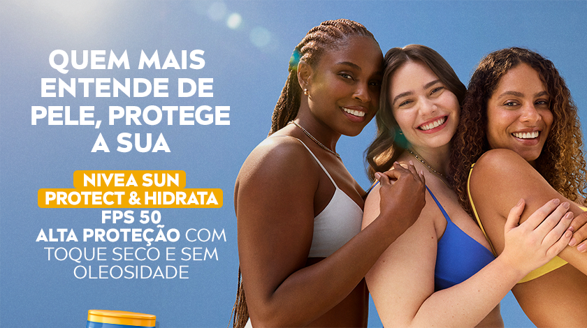Três mulheres de diferentes tons de pele e tipos de cabelo estão abraçadas e sorrindo, usando roupas de verão. Fundo azul com mensagens sobre cuidado com a pele, proteção solar e alta proteção FPS 50.