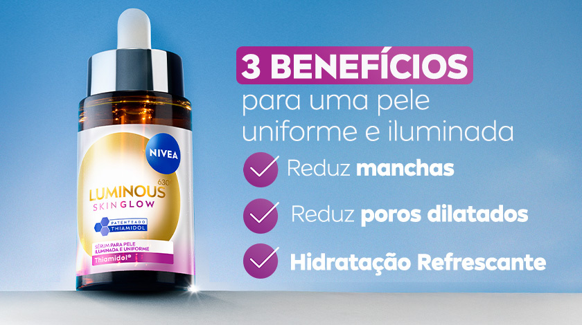 Imagem do frasco do sérum em destaque sobre fundo azul. Ícones roxos destacam benefícios do produto.