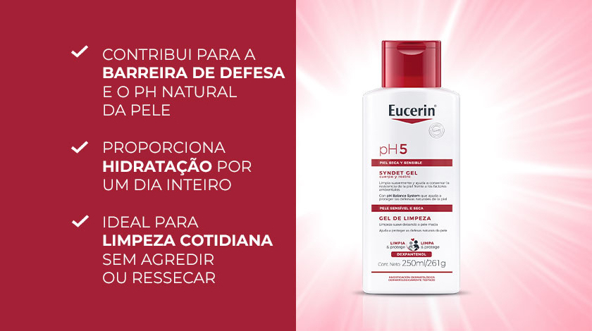 Imagem do produto com fundo vermelho ao lado de ícones e textos que indicam os benefícios.