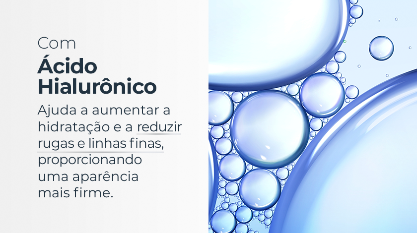Imagem dividida em duas partes: a primeira com fundo neutro, a segunda com um líquido azul representando a fórmula.
