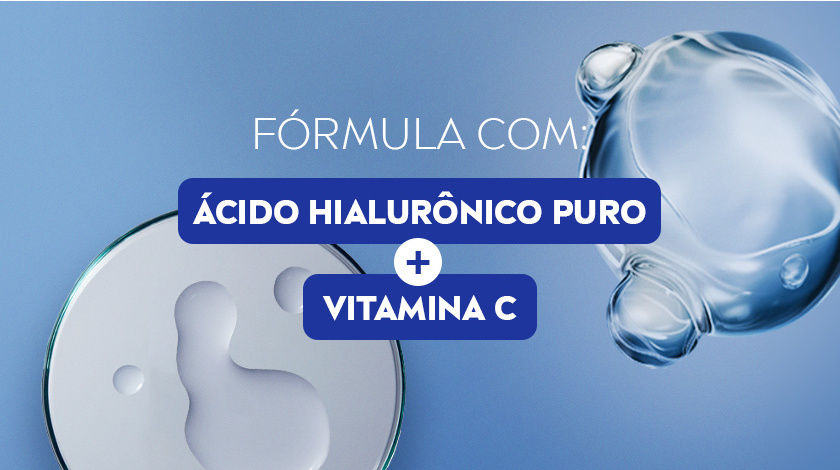 Fundo azul claro com gota líquida ao centro. Ao redor, elementos visuais de creme reforçam o efeito hidratante.