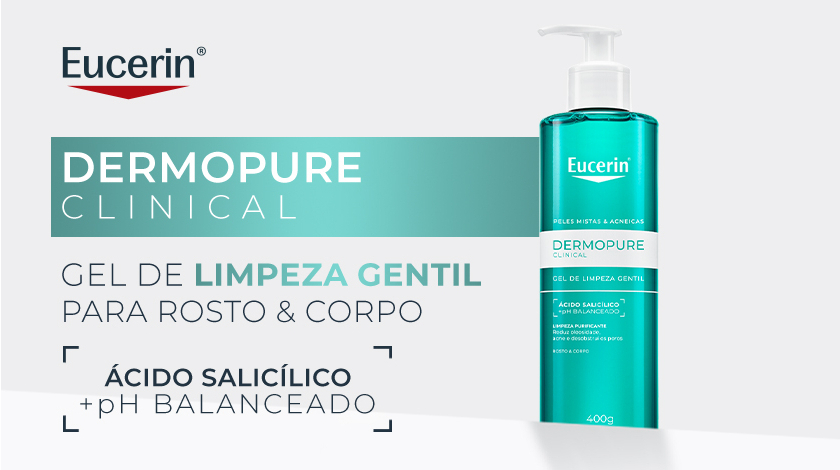 Banner publicitário de dermocosmético com fundo claro em tons de branco e cinza. No topo, aparece a embalagem do gel em cor verde. À esquerda, há blocos gráficos em verde destacando a linha do produto.