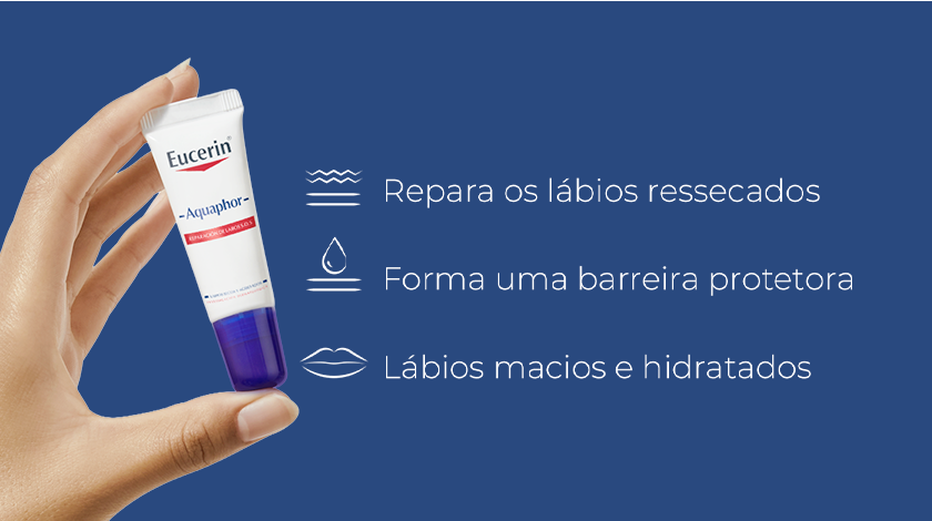 Fundo azul escuro. Mão feminina segura um tubo do Eucerin Aquaphor em destaque à esquerda. À direita, três ícones com textos: ondas com 