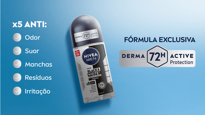Imagem com fundo azul claro em degradê para o branco. Ao centro, o produto Nivea Men Roll-on Black & White. À direita um selo prateado com a inscrição DERMA 72H ACTIVE Protection.
