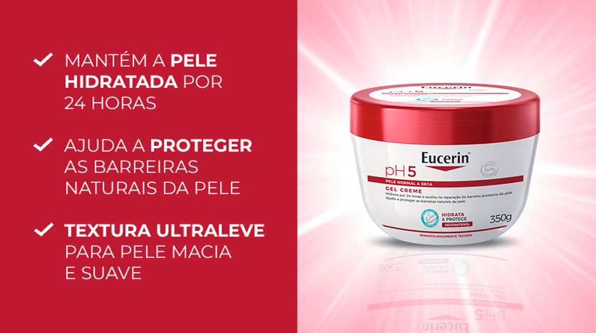 Imagem do pote do gel creme ao centro, rodeado por fundo vermelho com efeitos de luz. Ao lado esquerdo, estão destacados os benefícios.