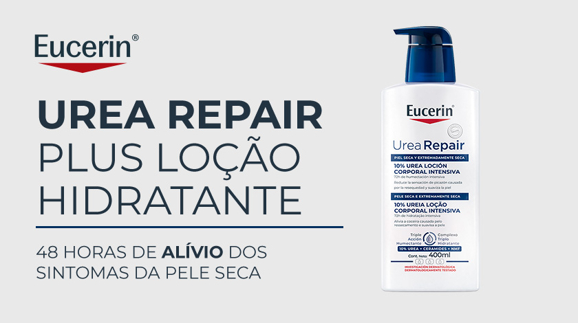 Imagem da loção Urea Repair Plus com destaque para sua embalagem com um fundo neutro.