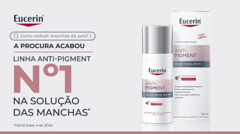 Imagem de produto Eucerin Anti-Pigment Creme Facial Noite. No centro, frasco cilíndrico branco com tampa metálica prateada, rótulo em tons de branco, cinza e rosa claro. Atrás do frasco, aparece a embalagem do produto em caixa retangular, também branca com detalhes em rosa e cinza. À esquerda, há um layout gráfico com ícone de barra de pesquisa e elementos tipográficos em destaque.