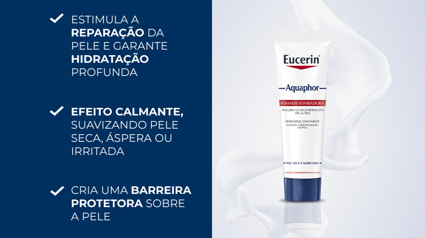 A imagem destaca o produto com um tubo em destaque à direita e uma silhueta suave ao fundo claro. À esquerda, em fundo azul escuro com marcas de seleção verdes, listam-se os benefícios do produto.