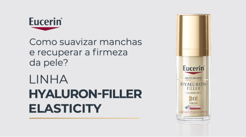 Frasco dourado e transparente de sérum Eucerin com fundo cinza claro.