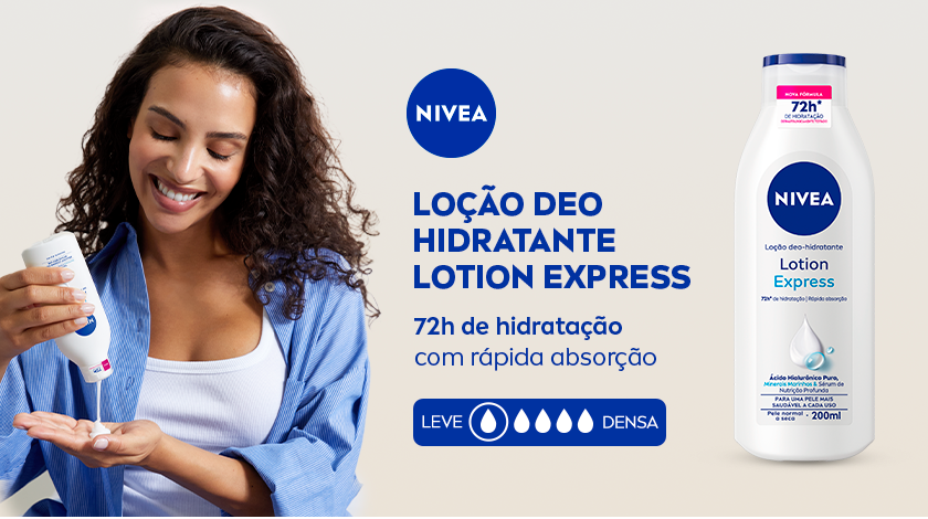 Mulher sorridente de cabelo cacheado segurando a loção hidratante NIVEA Lotion Express. Ao lado, imagem do produto e texto com benefícios. Indicador de densidade abaixo aponta o nível leve.