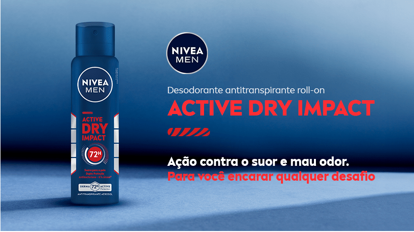Imagem do desodorante antitranspirante NIVEA MEN Active Dry Impact sobre chão azul com sombra e fundo azul. Ao lado, texto apresenta o nome do produto e seus principais benefícios.