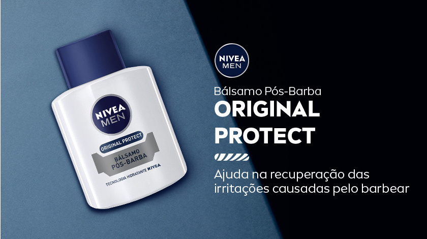 Frasco do bálsamo pós-barba NIVEA MEN Original Protect em destaque com fundo azul